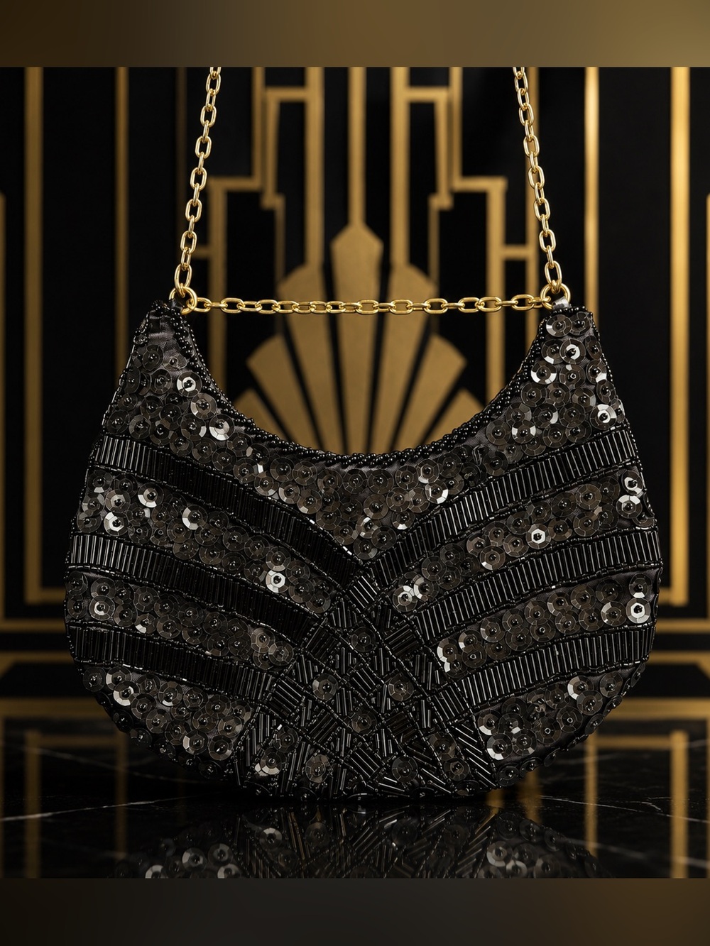 Vintage Black Beaded Sequin Evening clutch - Gold Chain